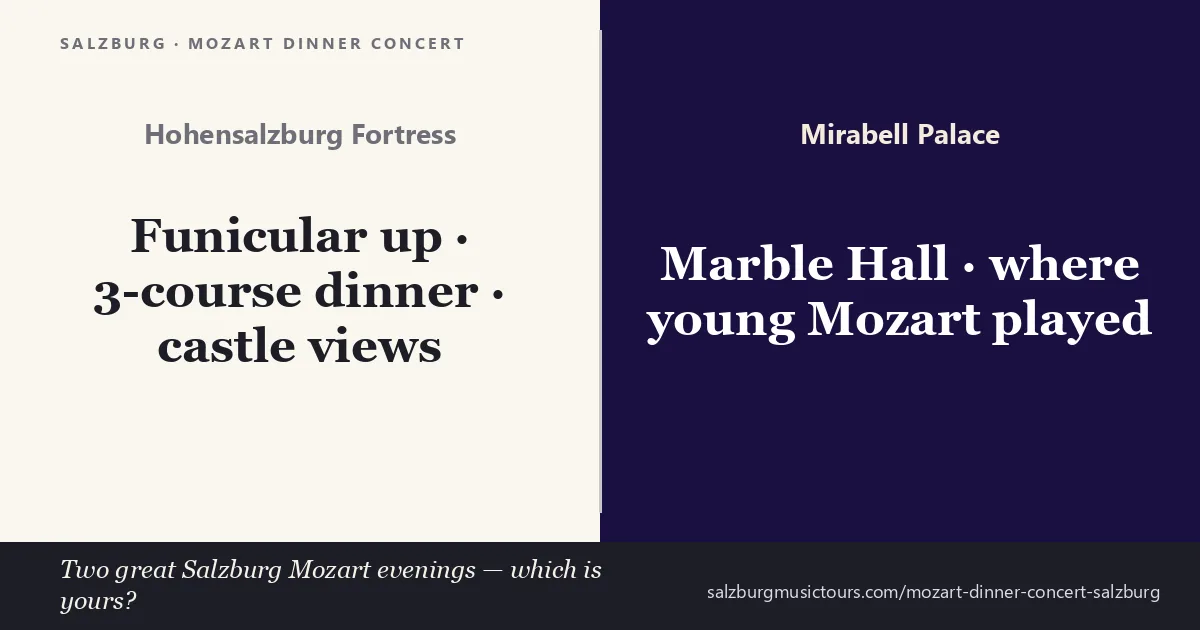 Mozart dinner concert Salzburg — Hohensalzburg Fortress versus Mirabell Palace